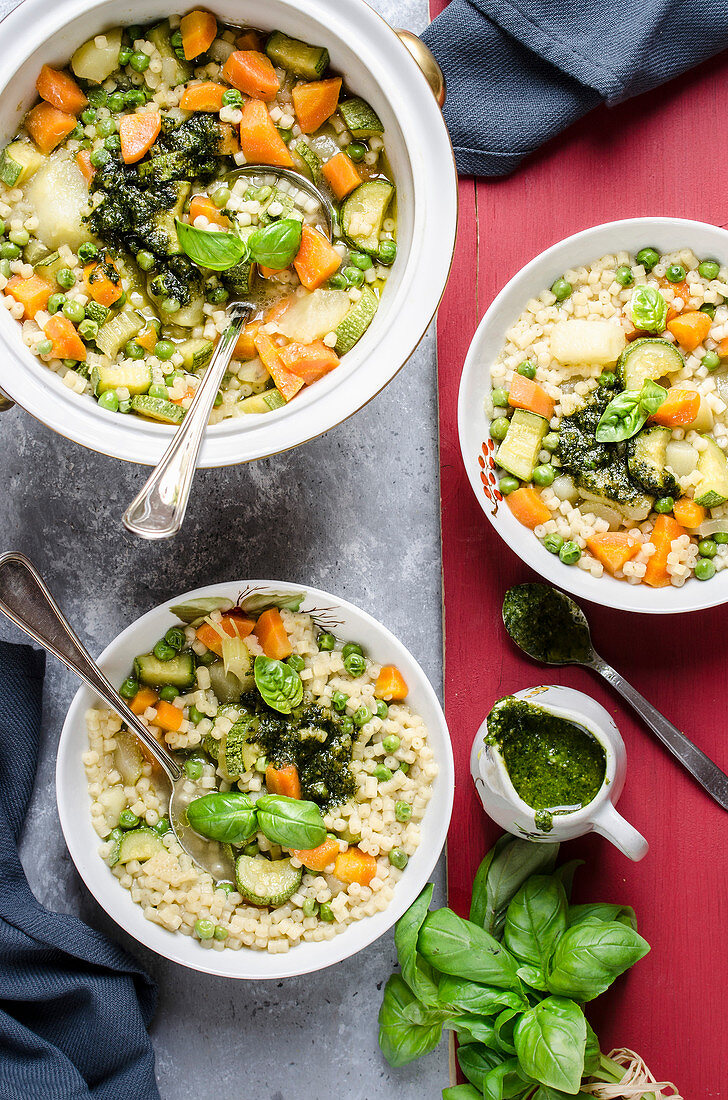 Spring vegetable soup with basil pesto