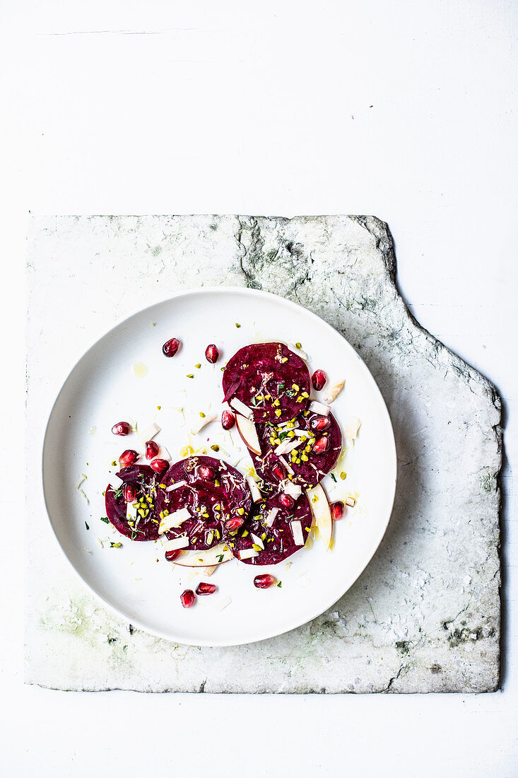 Beetroot carpaccio with pomegranate seeds