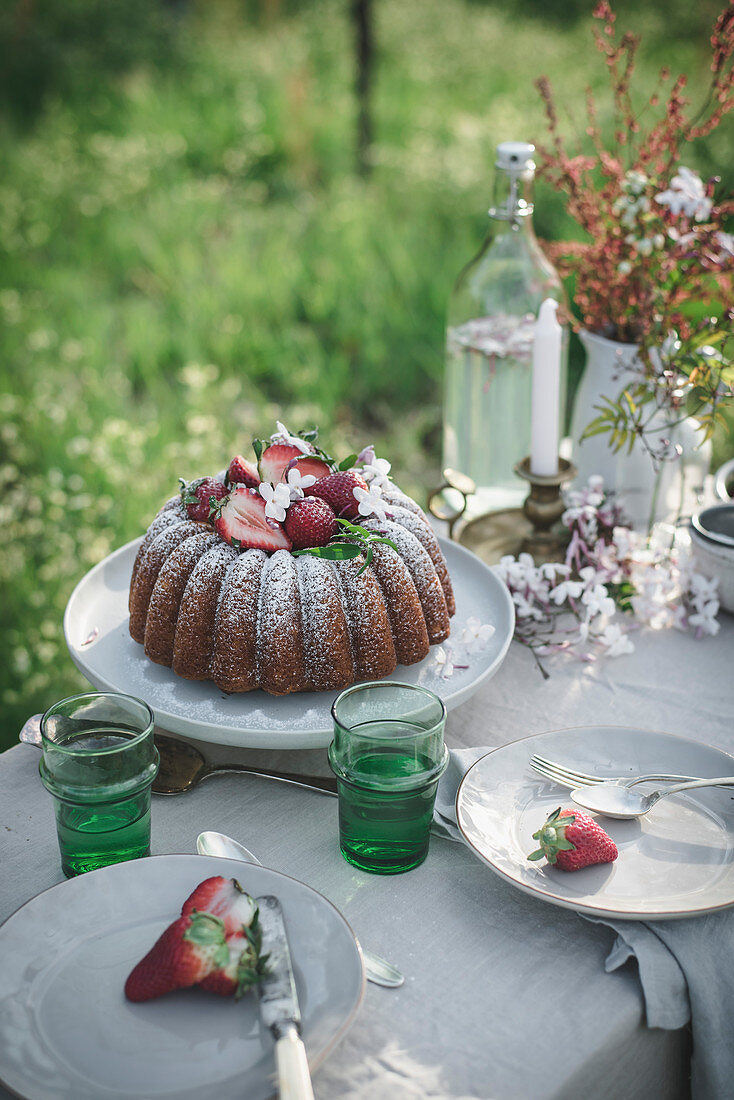 Lemon Coconut Bundt Cake with Strawberries on top