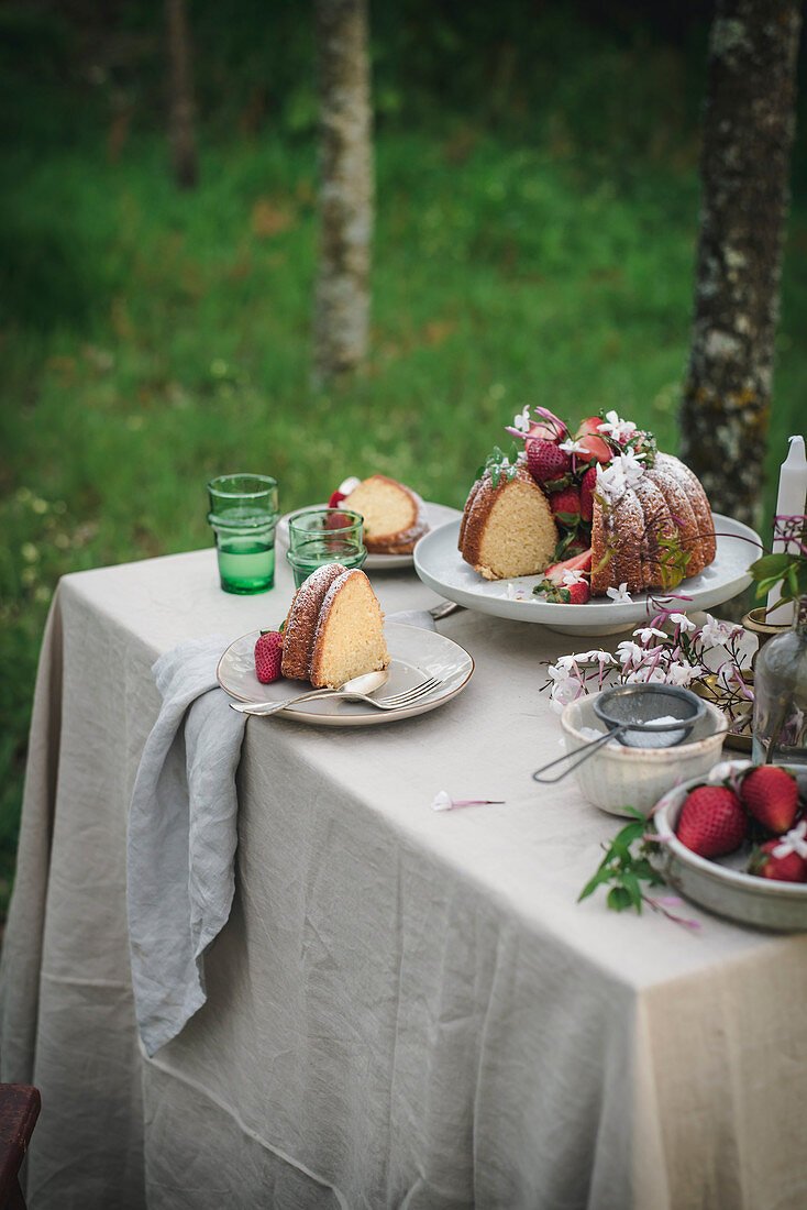 Lemon Coconut Bundt Cake with Strawberries on top