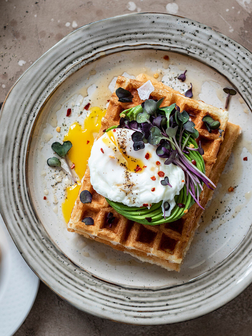 Waffle breakfast topped with pouched egg on avocado rose with radish sprouts