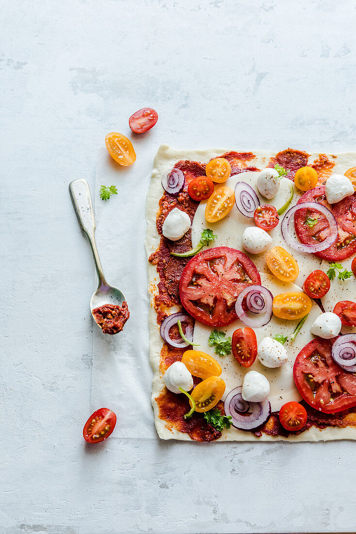 Quadratische Pizza mit Tomaten, Mozzarella und Petersilie