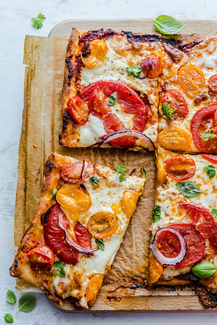 Quadratische Pizza mit Tomaten, Mozzarella und Petersilie