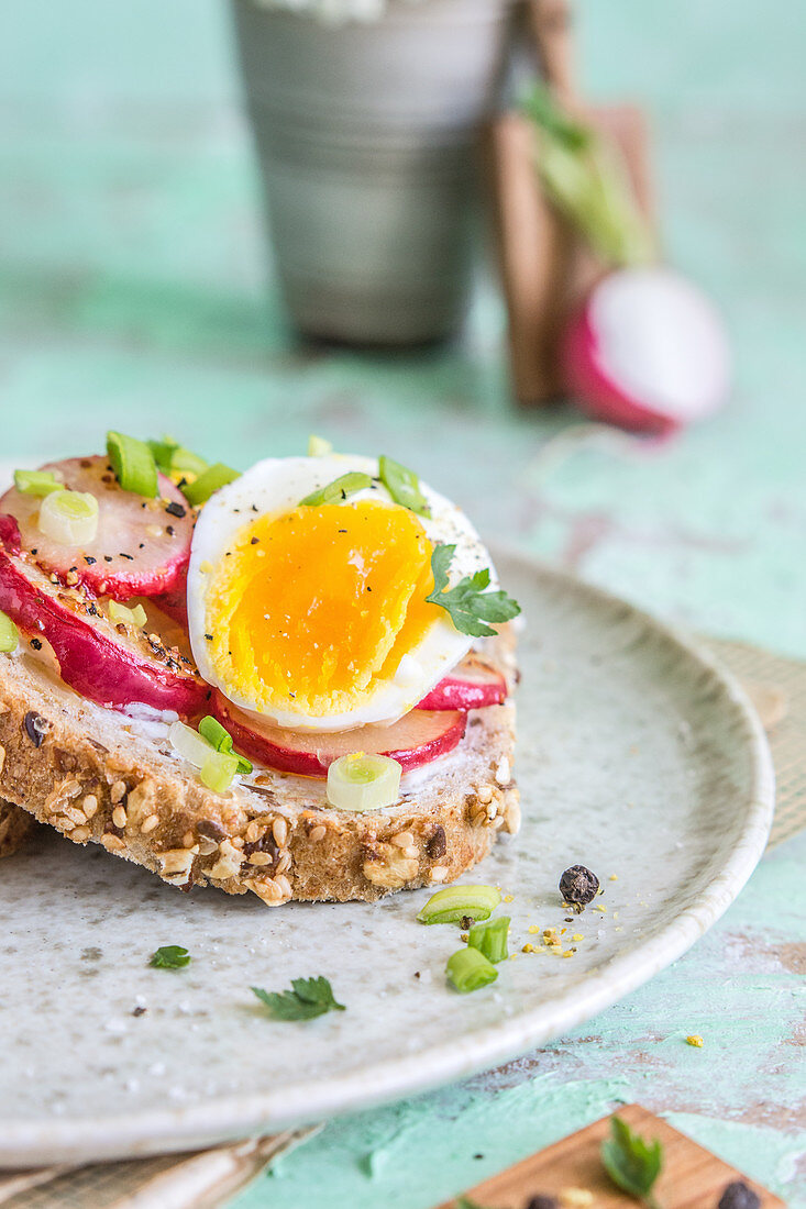 Vollkornbrot mit gebratenen Radieschen, gekochtem Ei, Kräutern und Pfeffer