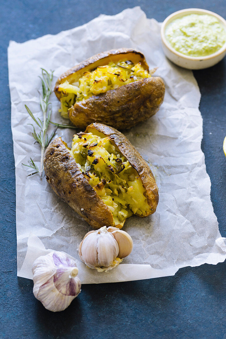 Twice baked potatoes with scallions, garlic and olive oil served with green pesto sauce