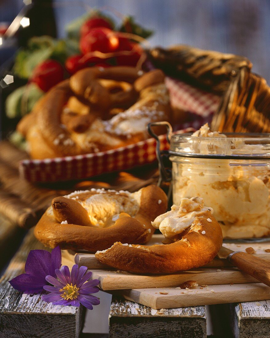 Fresh salt pretzels with Obatzter (Bavarian cream cheese)