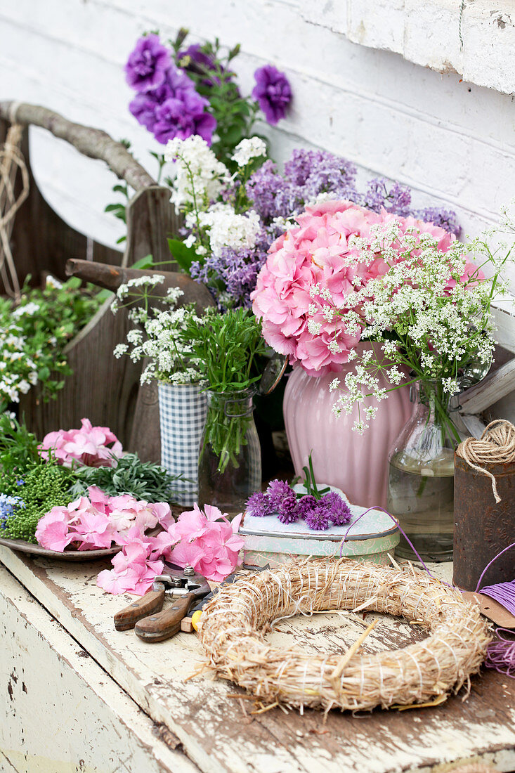 Various flowers for creating a wreath