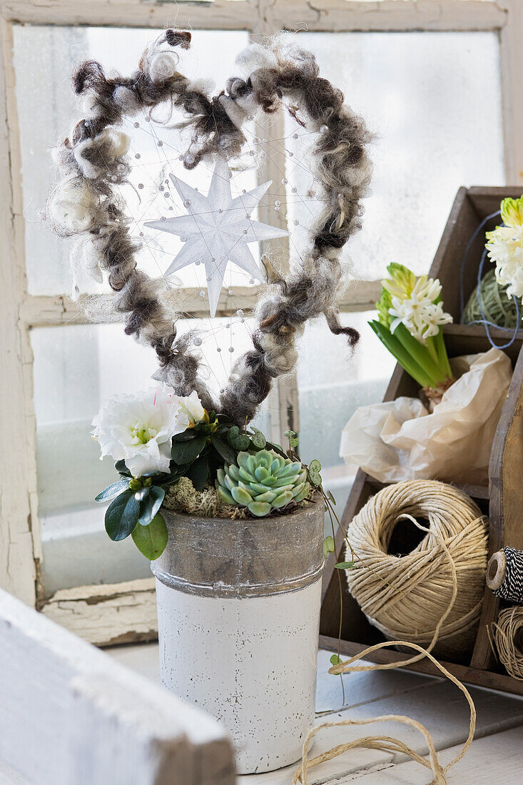 Heart shaped wreath wrapped with sheep's wool