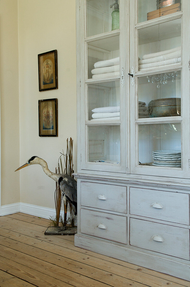 Stuffed grey heron next to grey glass-fronted cabinet