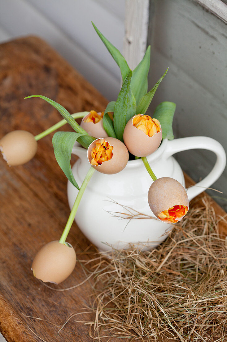 Bouquet of tulips encased in eggshells in jug