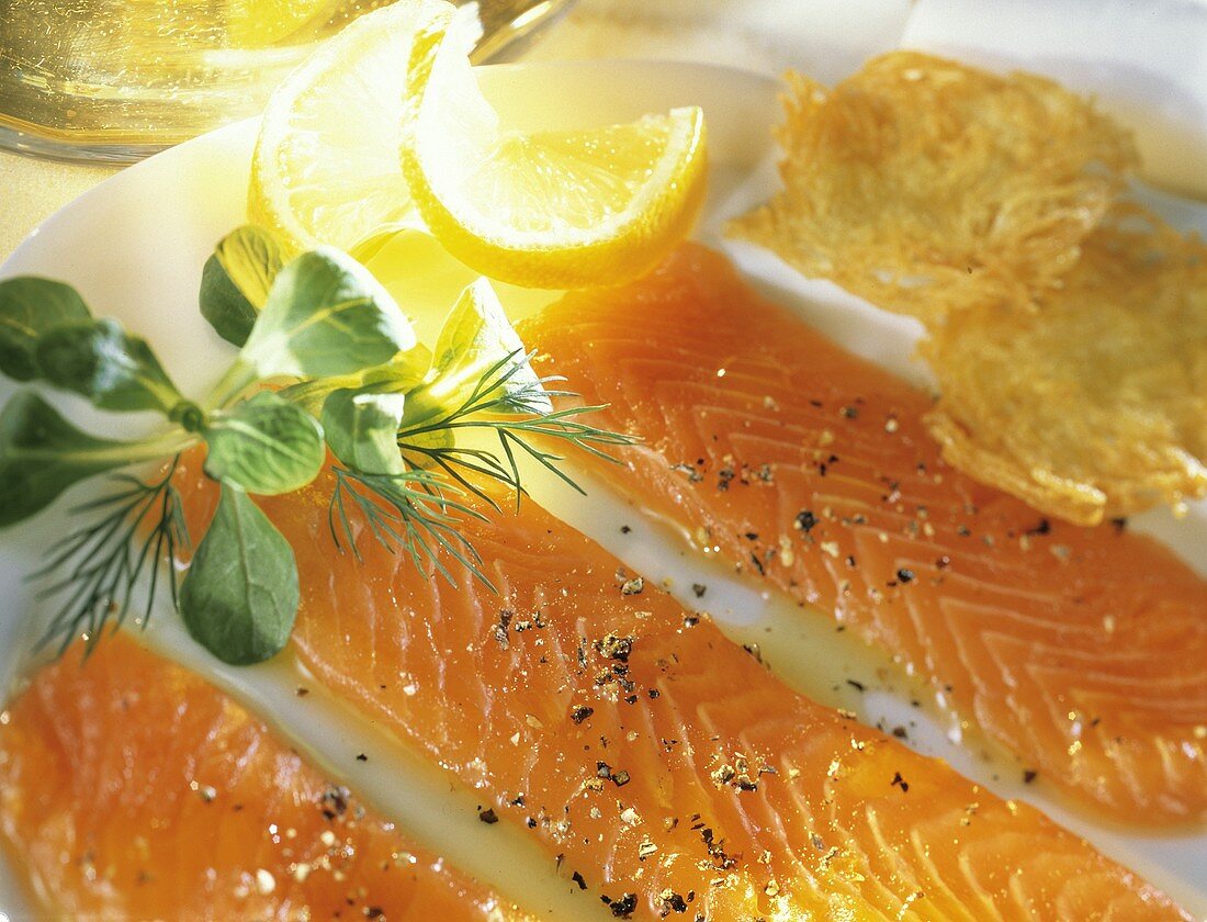 Marinated Salmon Appetizer; Fresh Herbs and Lemon Slices