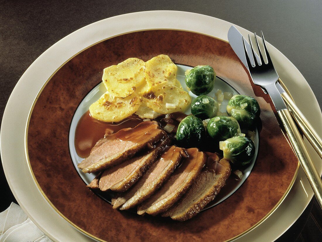 Duckling Breast Slices with Brussel Sprouts and Potatoes