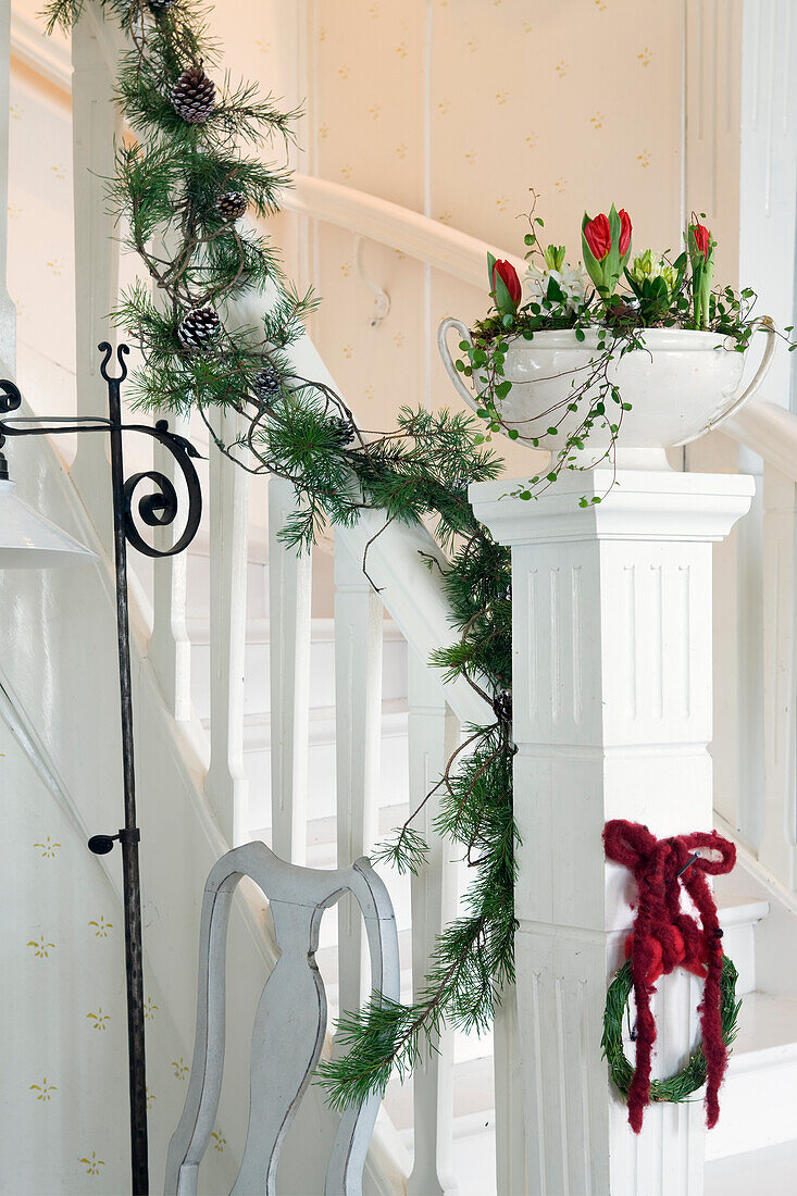 Christmas garland and flower planter with amaryllis as staircase decoration