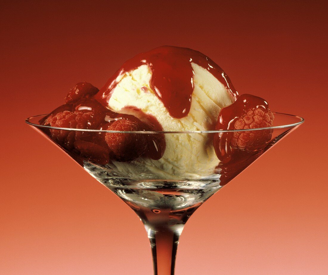 Vanilla Ice Cream with Red Raspberry Sauce