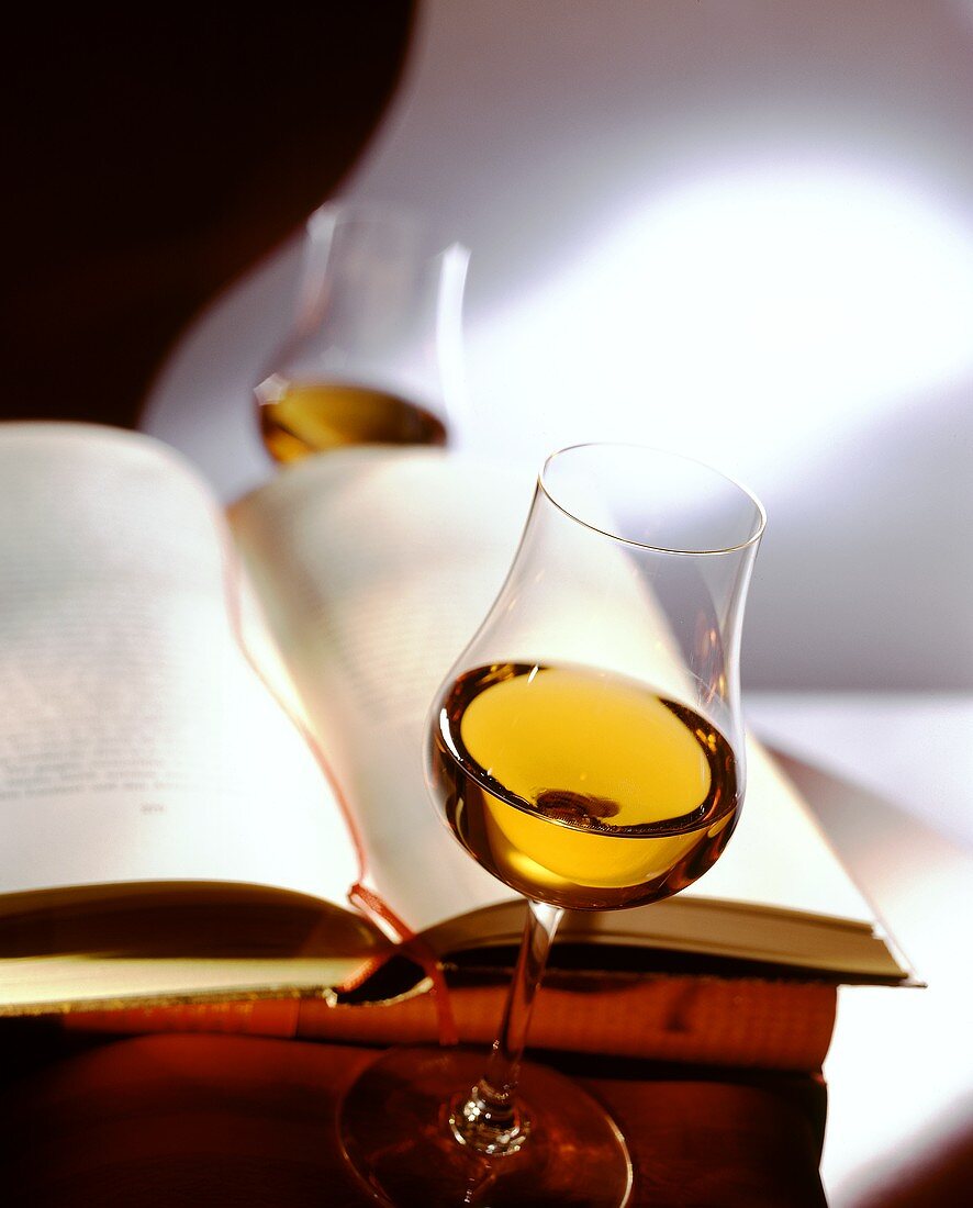 Cognac im Glas, Deko: altes Buch