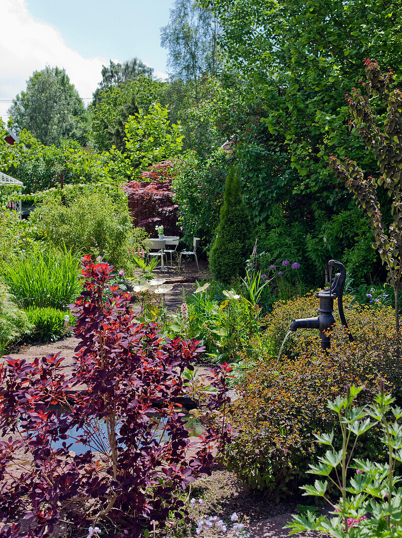 Sommerlicher Garten mit Teich und nostalgischer Wasserpumpe