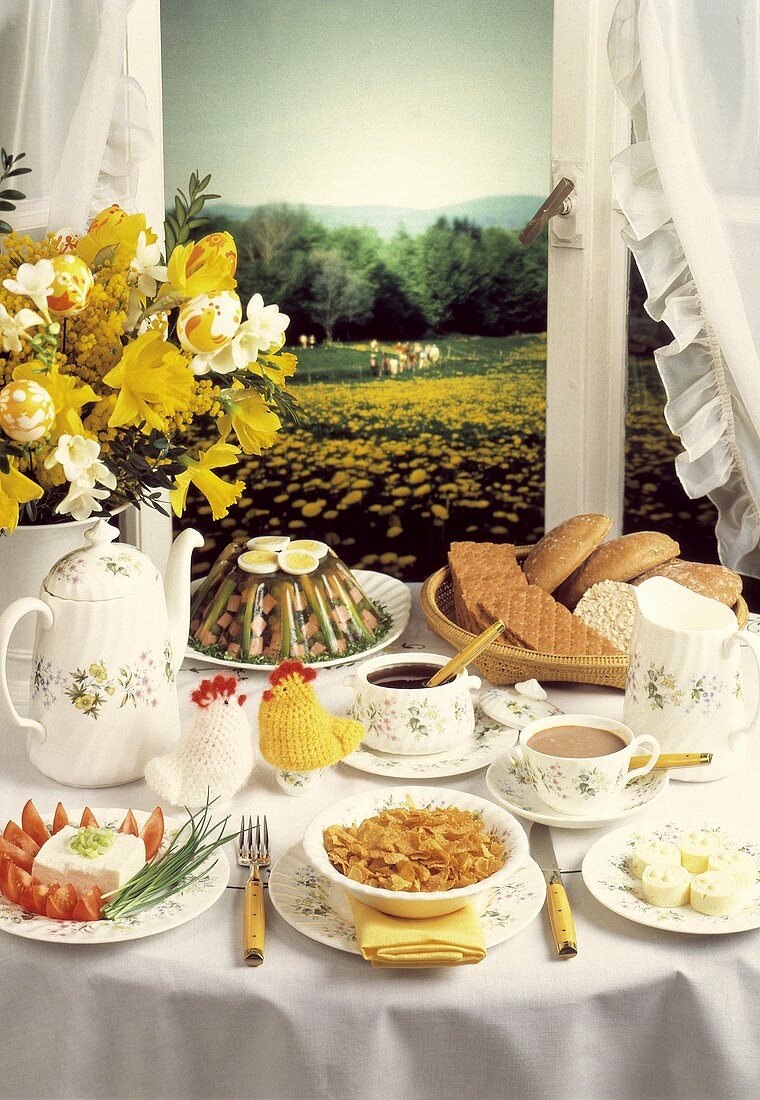 Breakfast Table Facing a Window; Field of Flowers