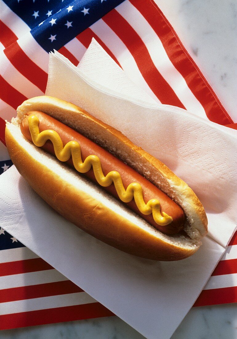 Hot dog in paper napkin on American flag