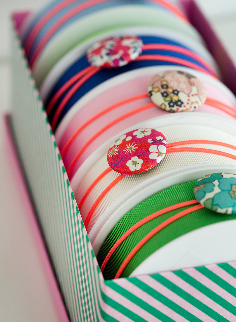 Rubber bands with fabric buttons around rollers with fabric straps