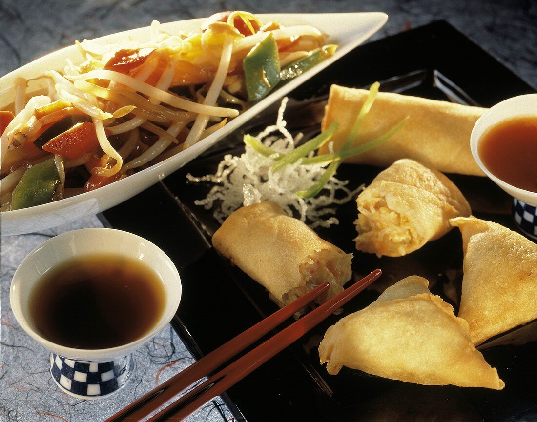 Spring Rolls with Soy Sauce and Mixed Vegetables