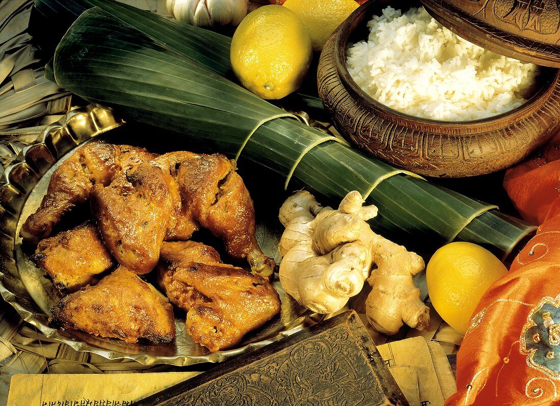 Tandoori Chicken; Ingredients and a Bowl of Rice