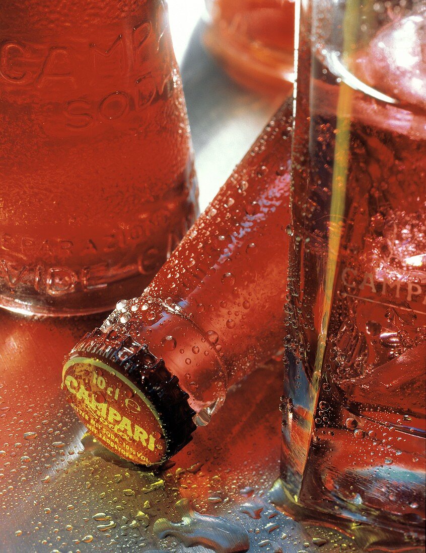 Bottles of Campari and Soda; Water Drops