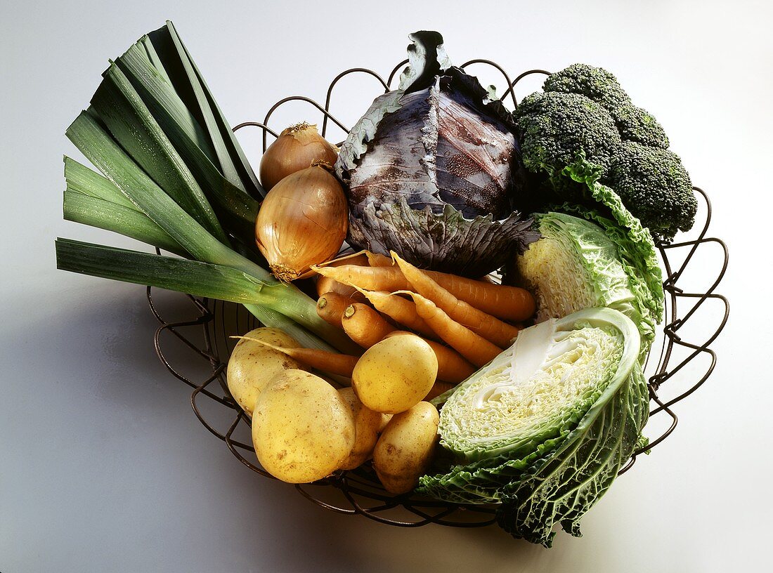 Assorted Vegetables in a Wire Basket