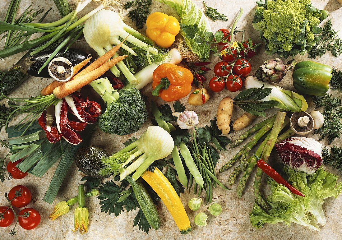 Fresh Washed Vegetables Still Life from Overhead