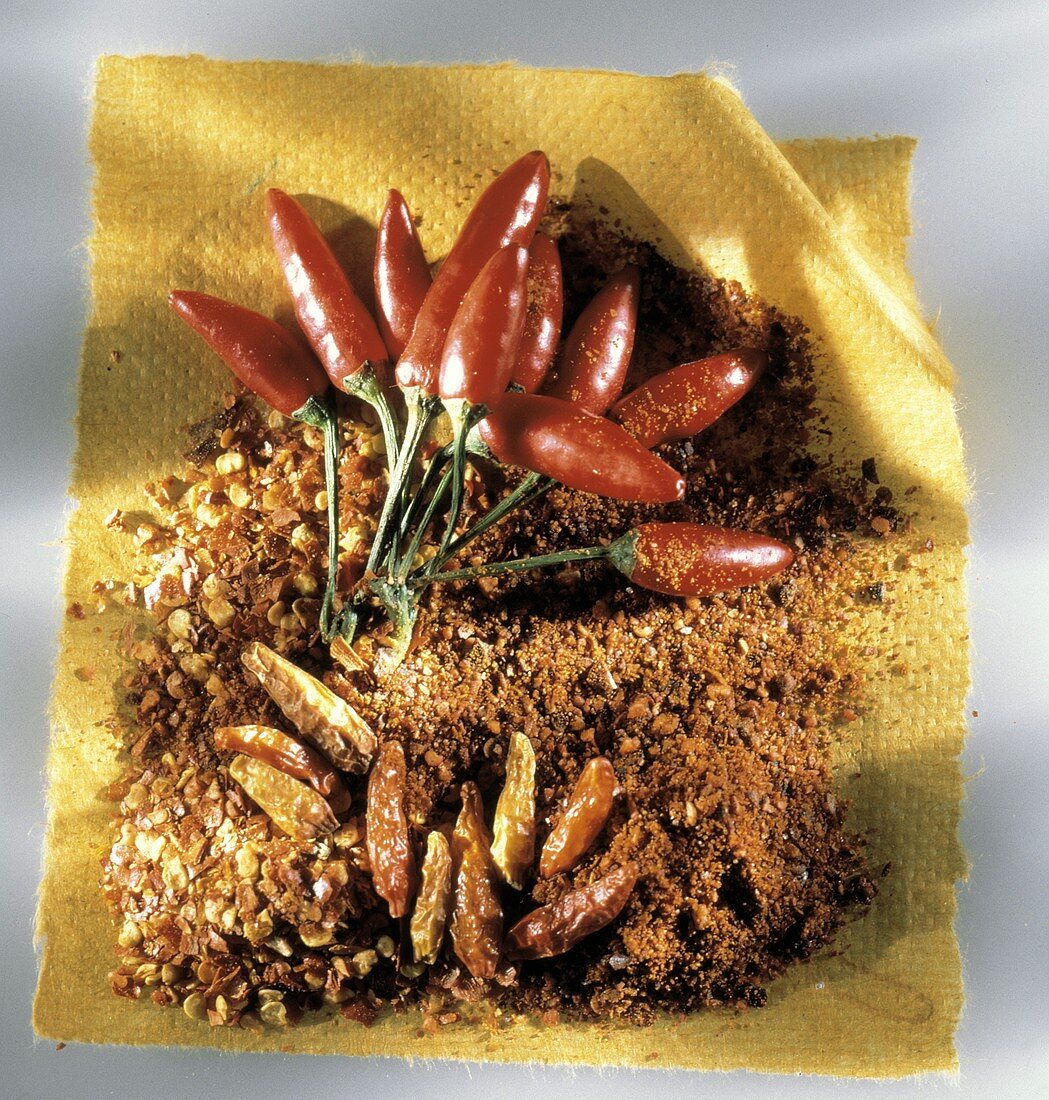 Fresh and Dried Chili Peppers with Chili Powder