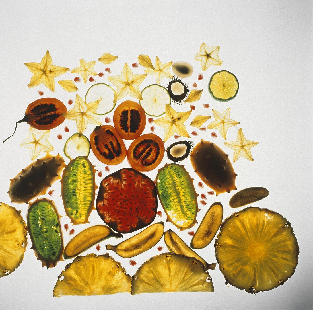 Slices of tropical fruit on sheet of glass
