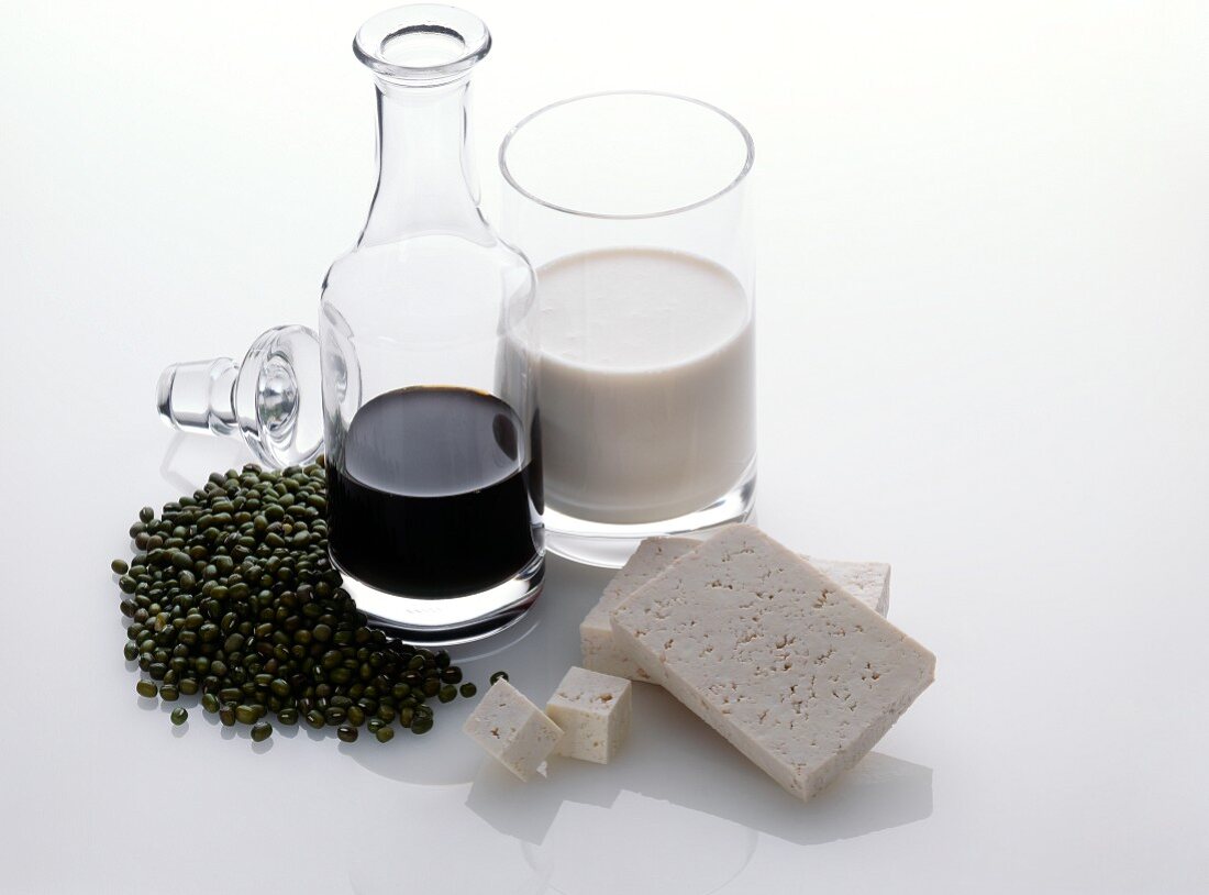 Still Life of Assorted Soy Products Soy Sauce Soy Beans Tofu and Soy Milk