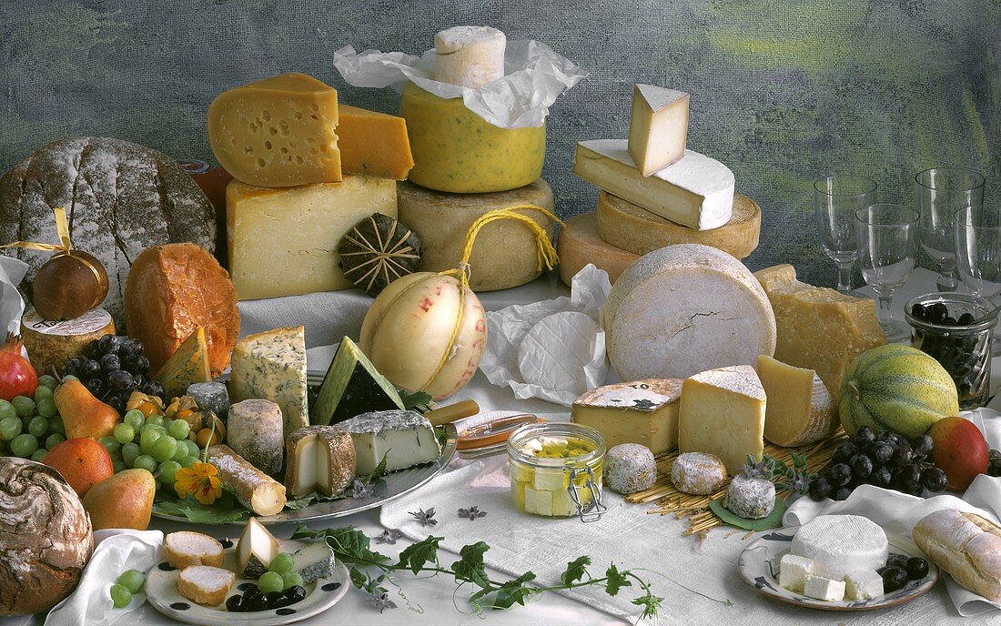 Still Life of Assorted Cheese; Fruit