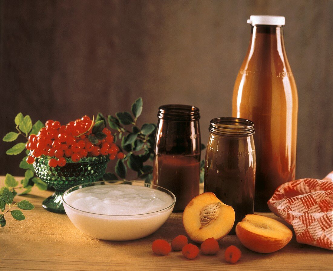 Bowl of Plain Yogurt; Bottles of Milk; Fresh Fruit