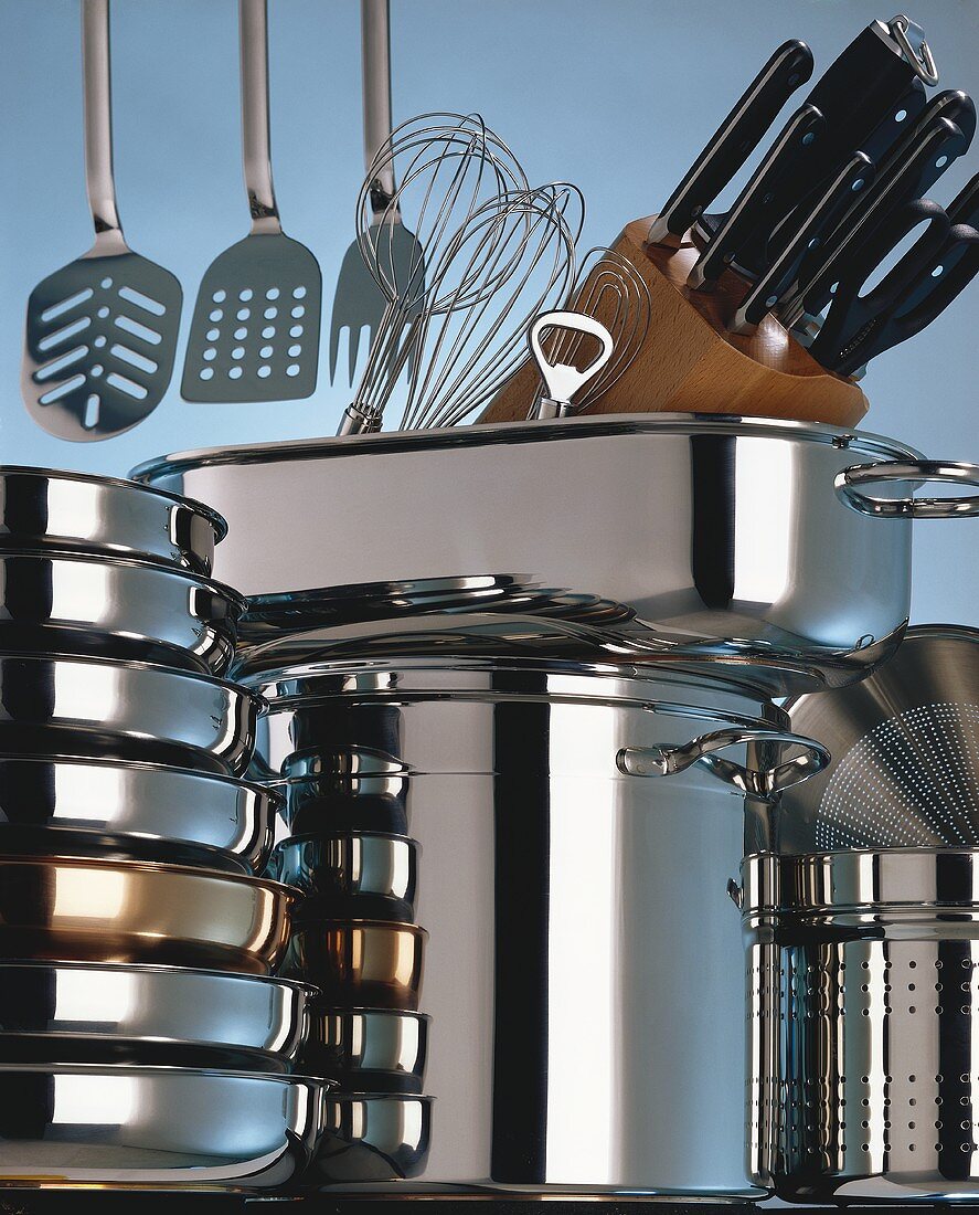 Assorted Pots and Pans; Kitchen Tools