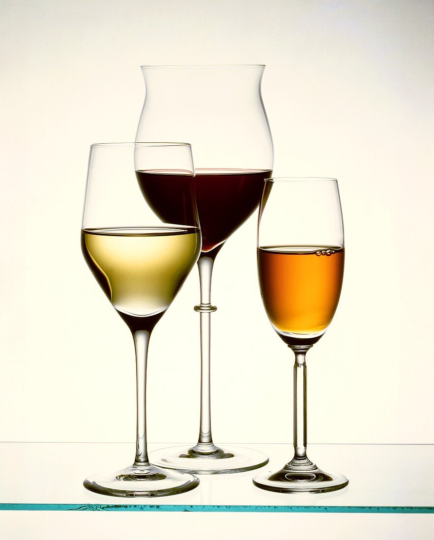 Filled glasses: white wine glass, burgundy glass & sherry glass