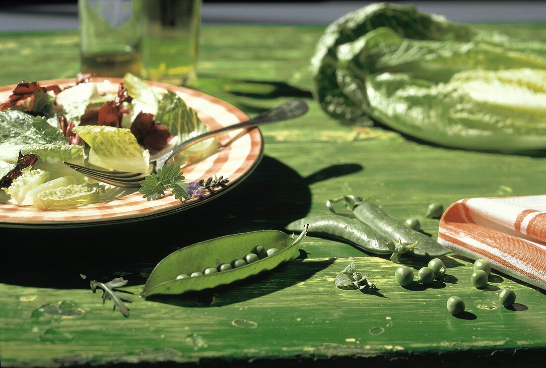 Gemischter Blattsalat auf Teller & Erbsenschoten auf Tisch