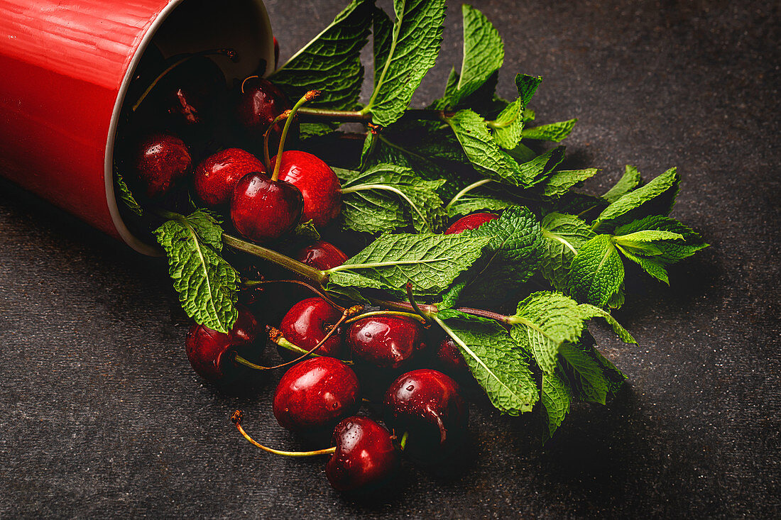 Ripe tasty red cherry with green stem and branches in red cup with shiny side on table