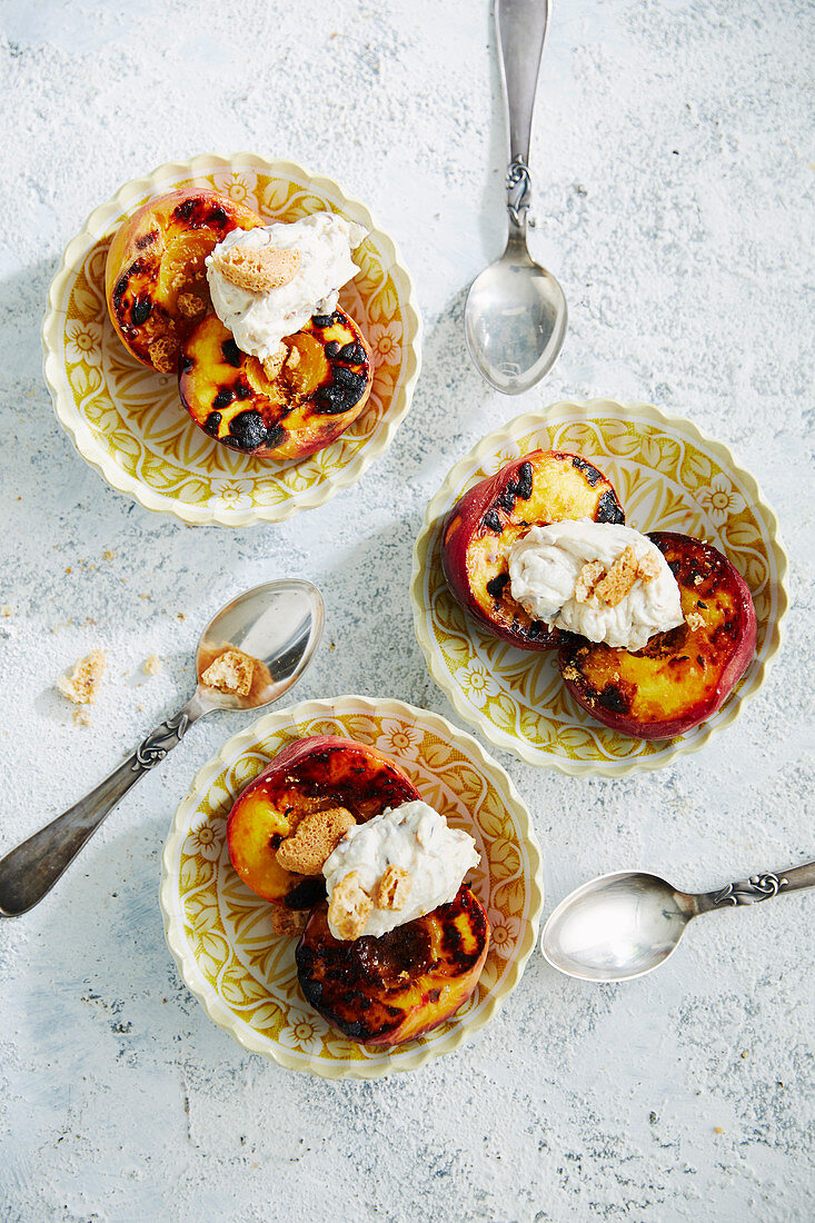 Grilled peaches with whipped ricotta and Amaretti biscuits