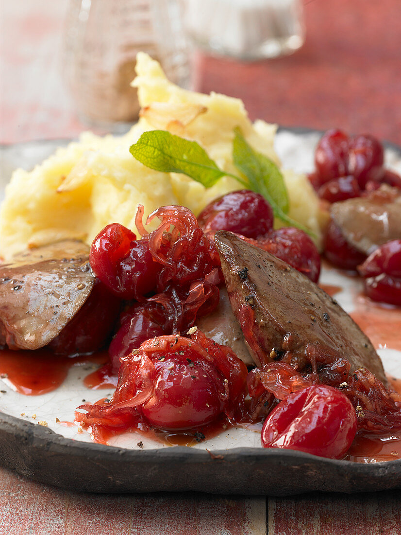 Chicken livers with ginger cherries and mashed potatoes