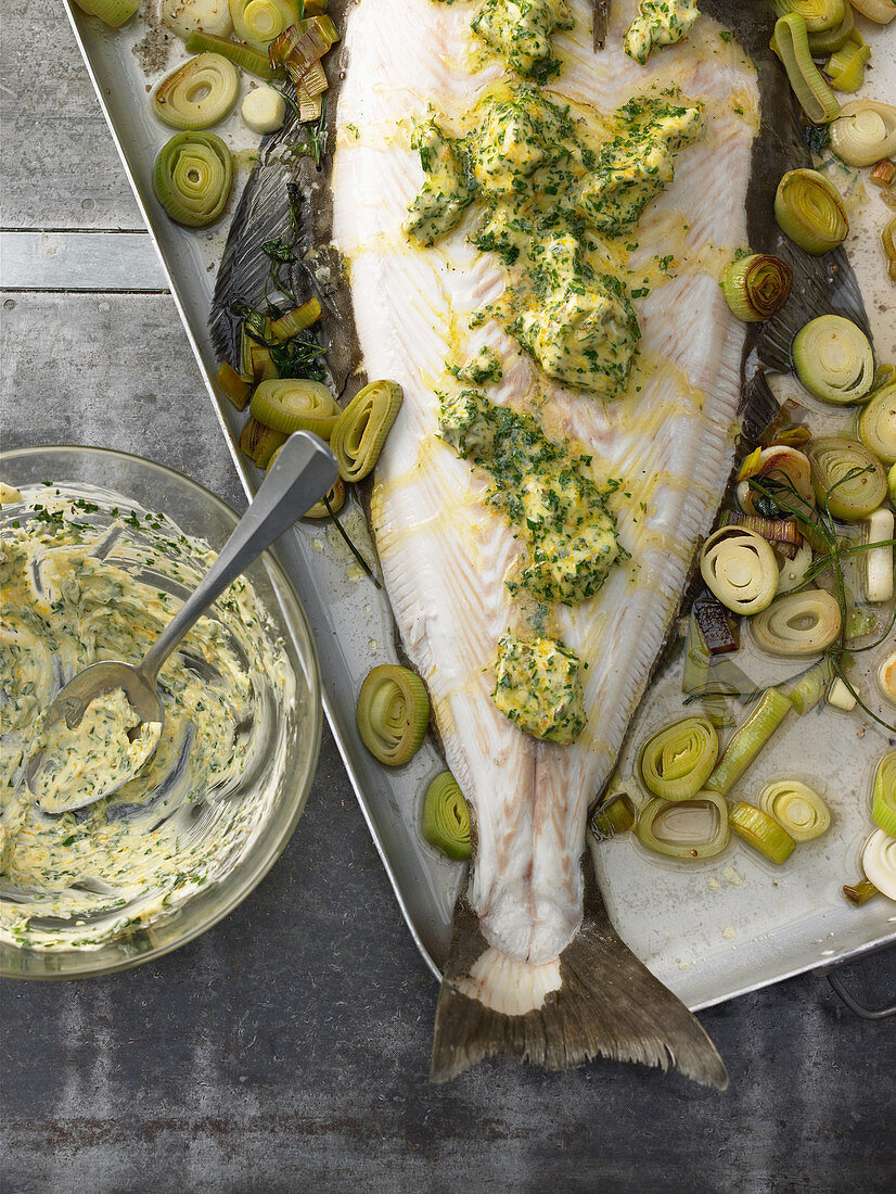 Halibut with orange and fennel butter and leek