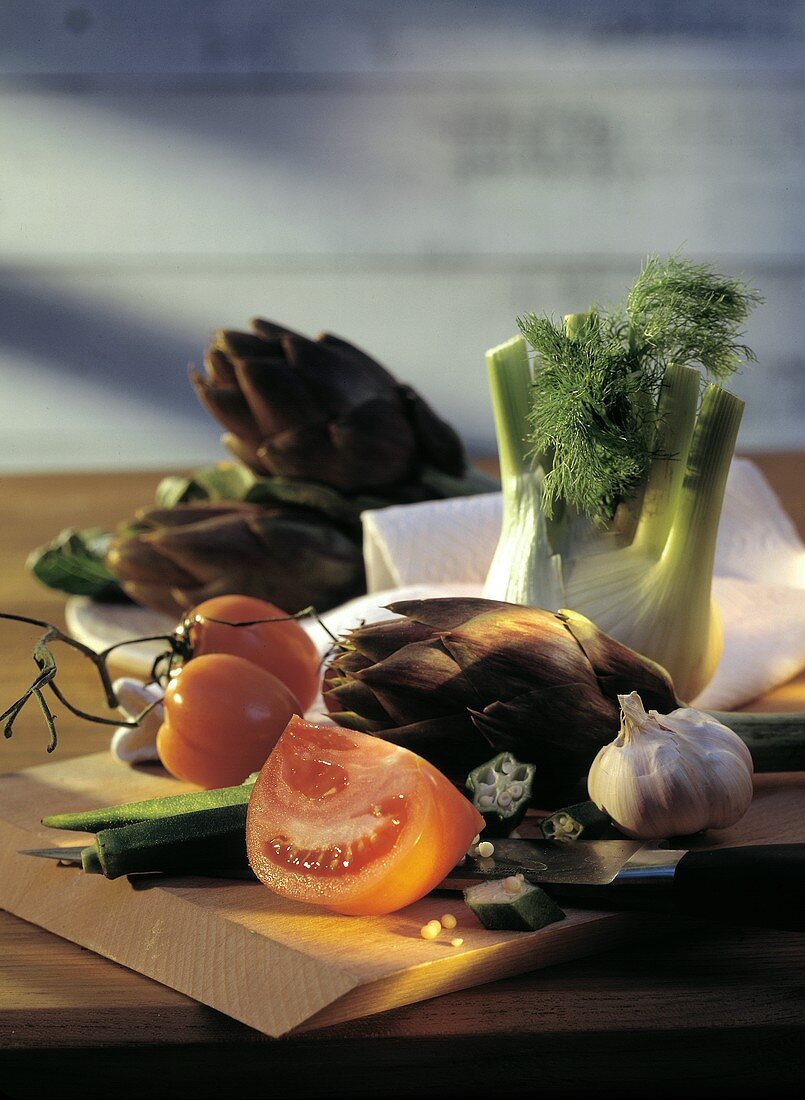 Vegetable Still Life on a Wood Board