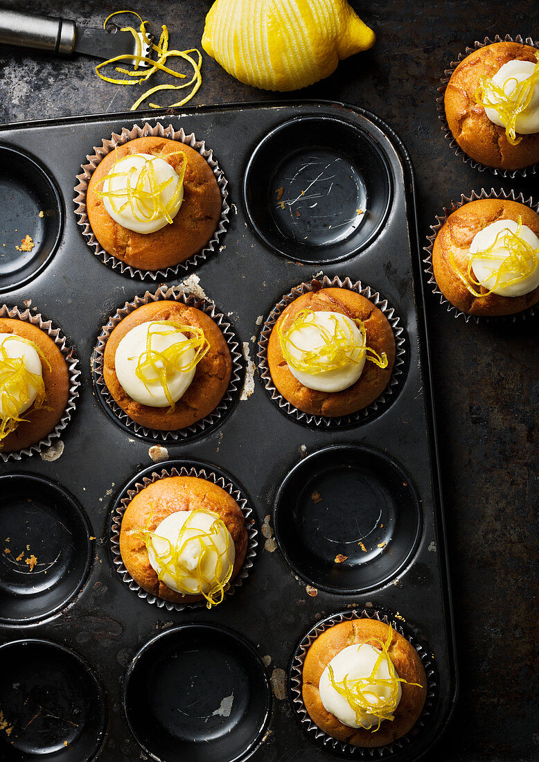 Lemon muffins with lemon cream and lemon zest