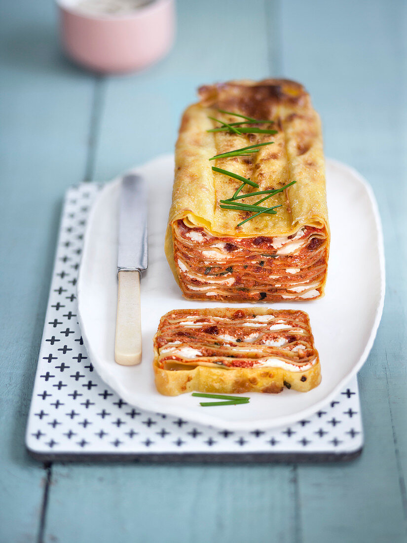 Nudelterrine mit roter Mandelpaste und Ricotta