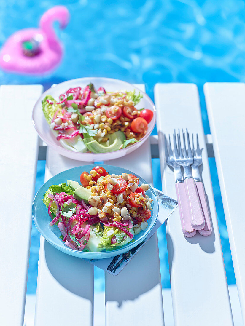 Sweet corn salad with avocado and macadamia