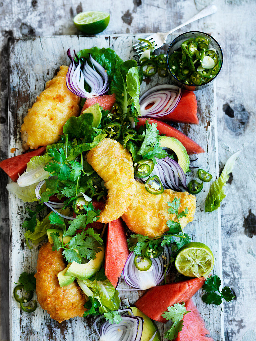 Beer-Battered Fish with Jalapeno and Watermelon Salad