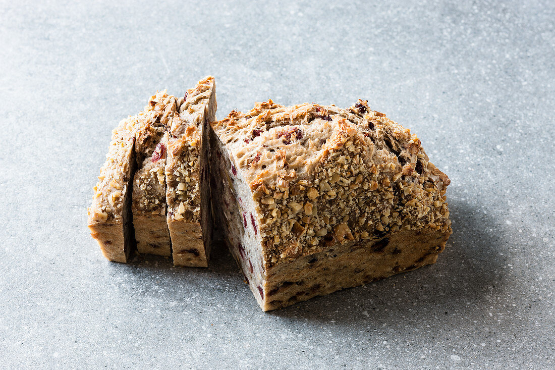 Cranberry and walnut bread, sliced