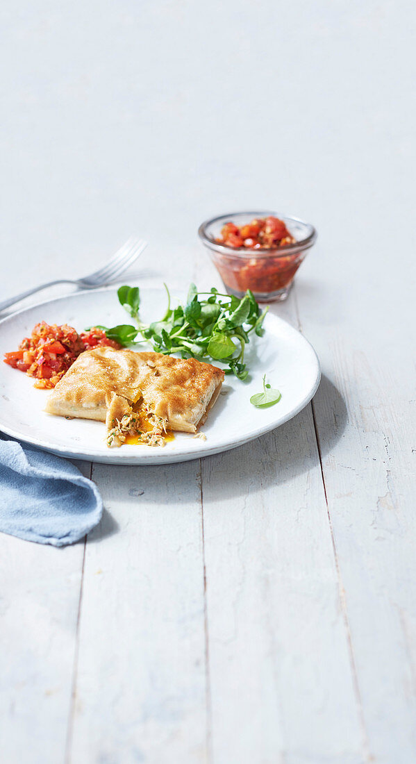 Crab and chive filo parcels