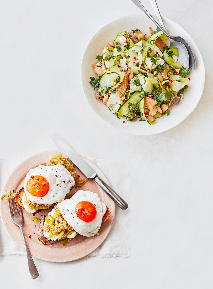 Chilli and garlic leeks with eggs on toast, Smoked mackerel, courgette and butter bean salad