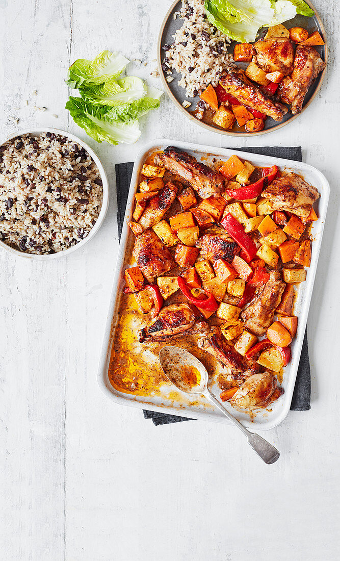 Jerk chicken and pineapple traybake