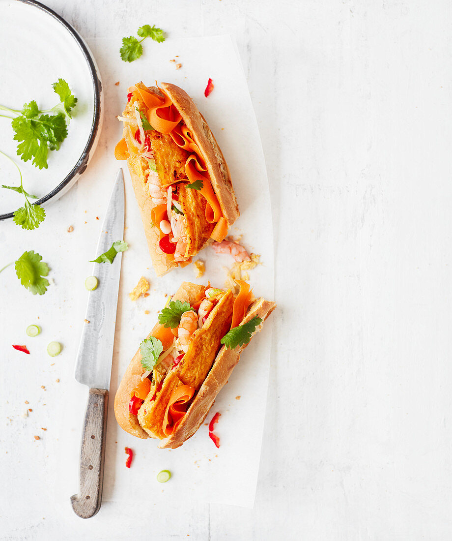 Prawn and beansprout omelette baguette